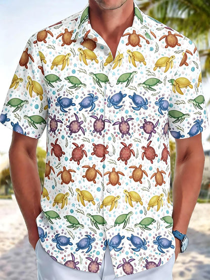 Pride Month Turtle Hawaiian Print Men's Pocket Short Sleeve Shirts