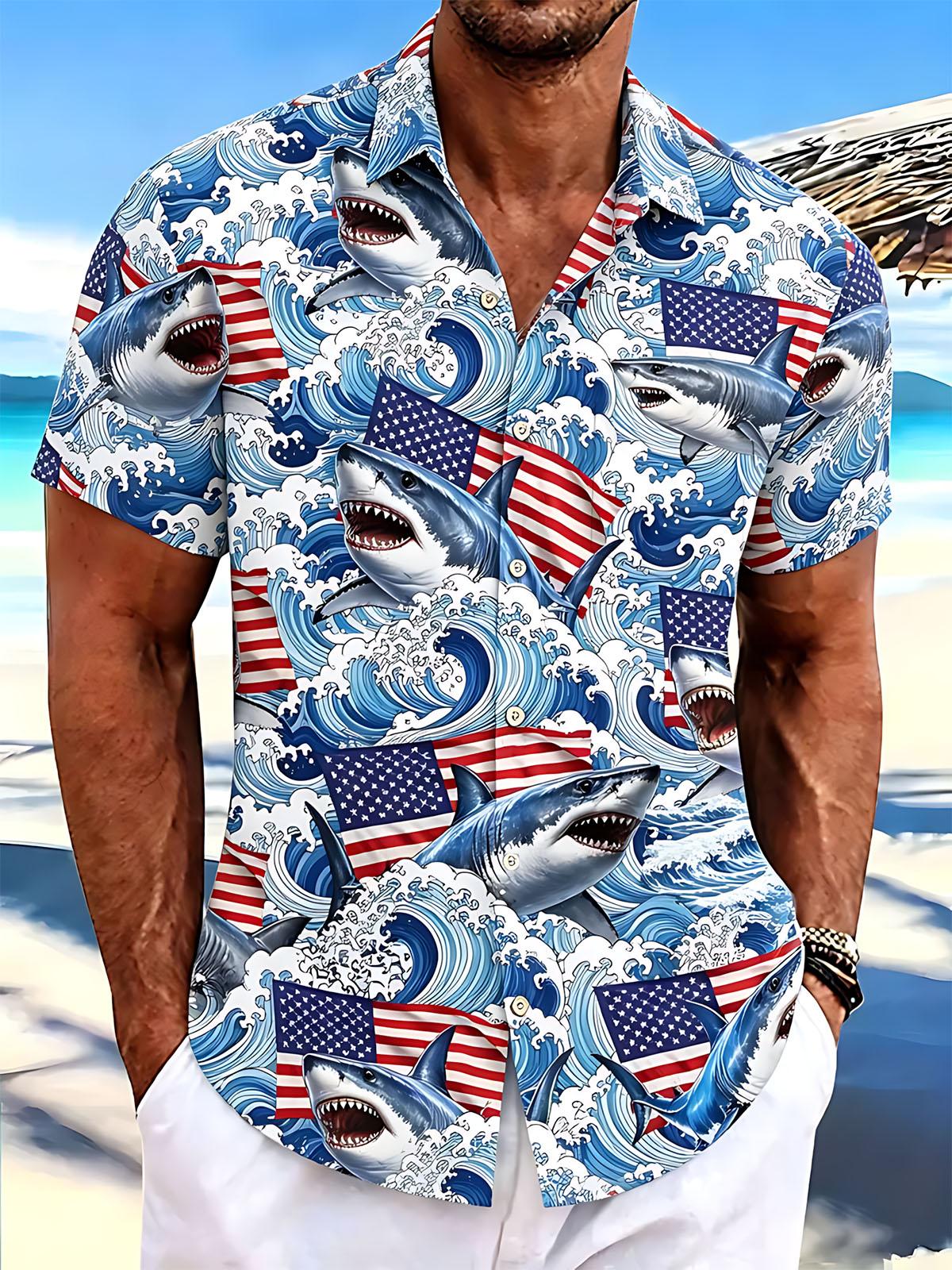 Independence Day American Flag Shark Print Men's Pocket Short Sleeve Shirts