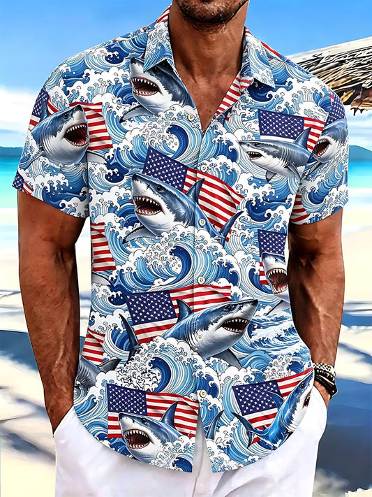 Independence Day American Flag Shark Print Men's Pocket Short Sleeve Shirts