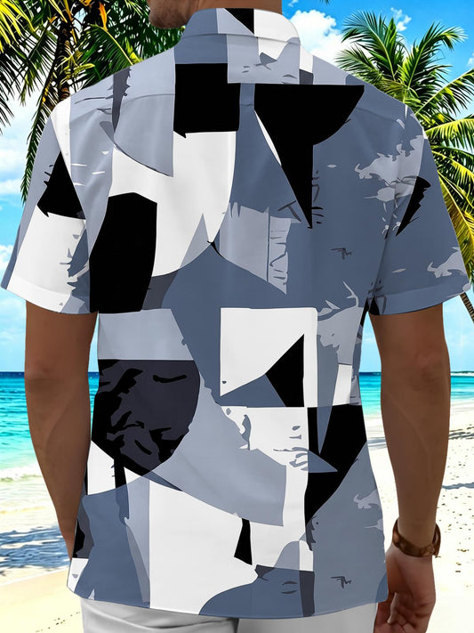 Gray Black Geometric Colorblock Men's Pocket Short Sleeve Shirts