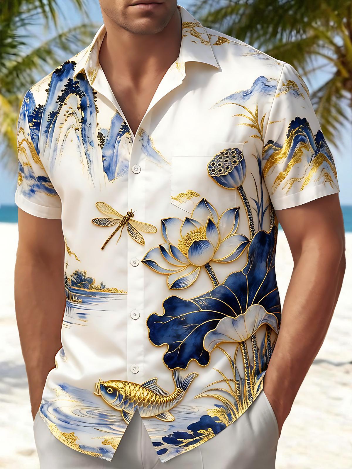 Art Cyan-Gold Landscape Lotus Koi Dragonfly Men's Pocket Short Sleeve Shirts