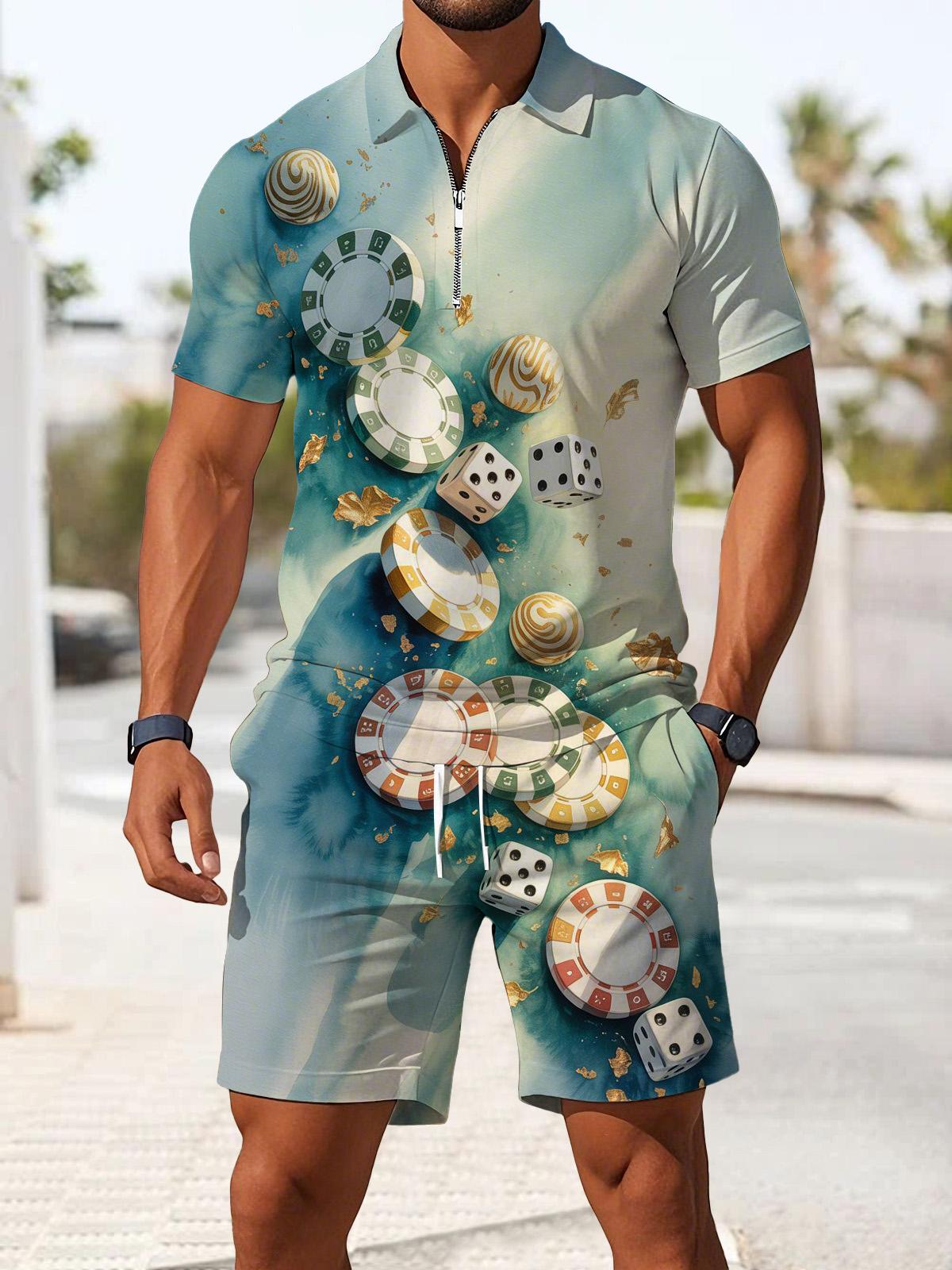 Poker Chips Dice Print Men's Short Sleeve Zipper Polo And Shorts Set