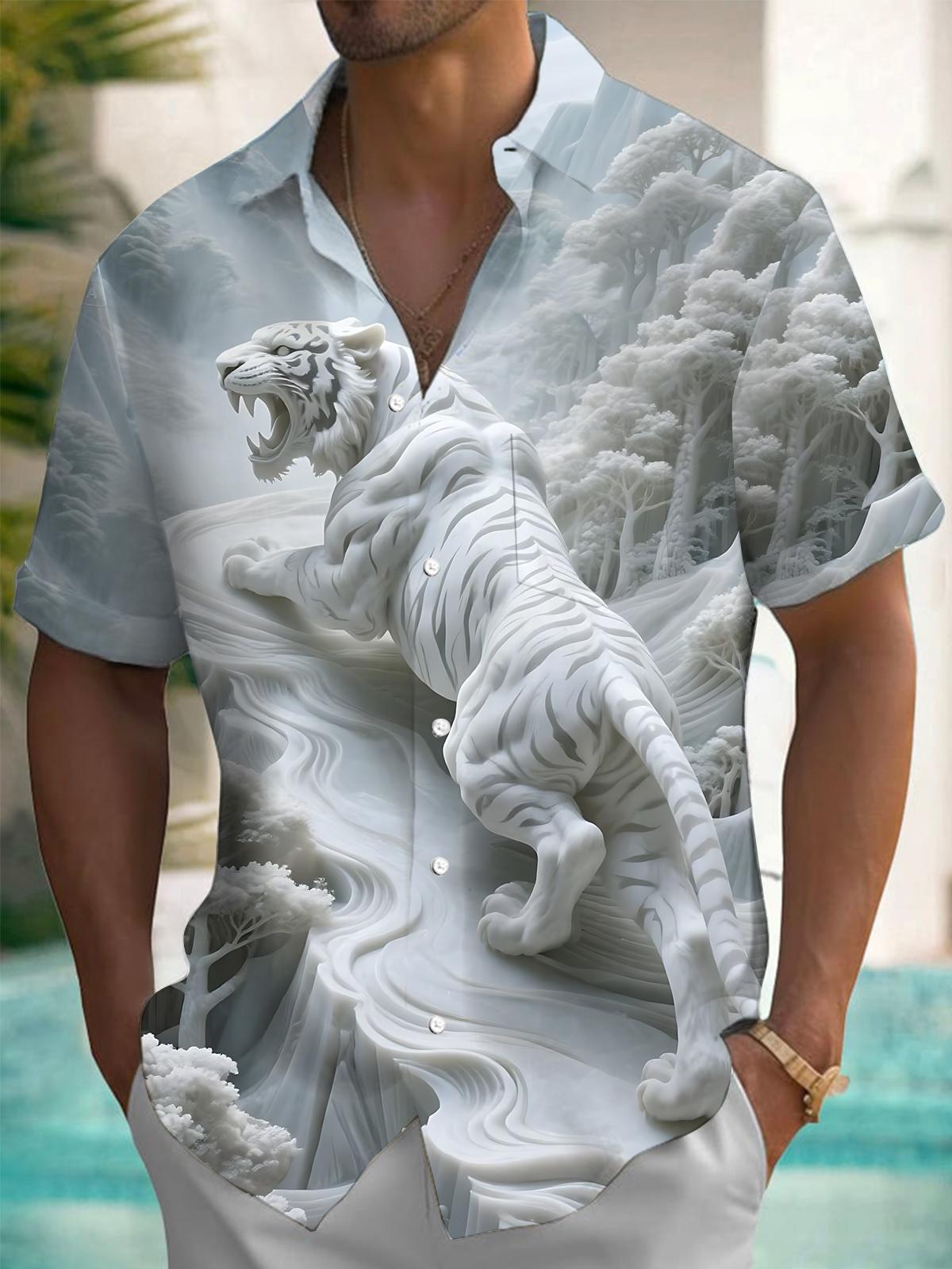 Embossed Forest Tiger Art Print Men's Pocket Short Sleeve Shirts