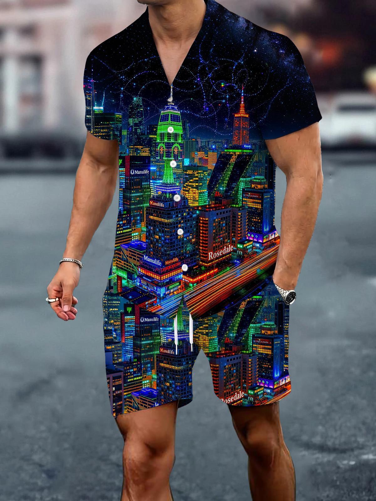 Neon City Building Print Men's Short Sleeve Cuban Collar Pocket Shirts And Shorts Set