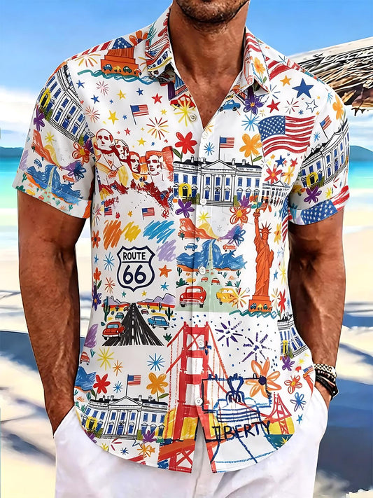 Route 66 Liberty American Flag Patriotic Print Men's Pocket Short Sleeve Shirts