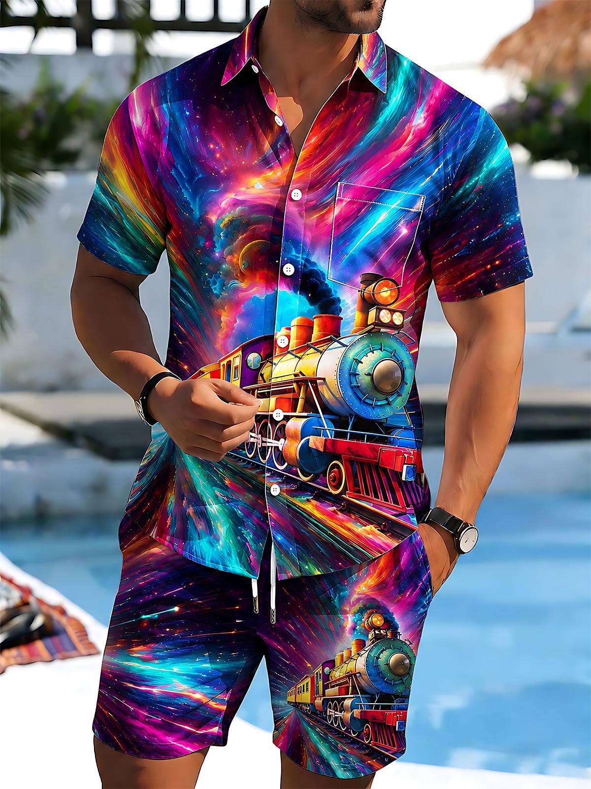 Colorful Cosmic Galaxy Steam Train Men's Short Sleeve Pocket Shirts And Shorts Set
