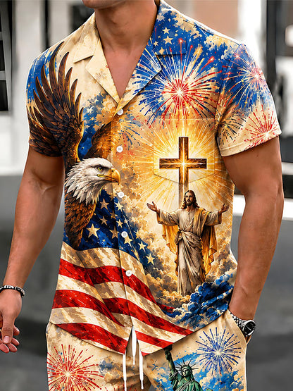 American Independence Day Faith Freedom Jesus Religious Eagle Men's Pocket Short Sleeve Shirts
