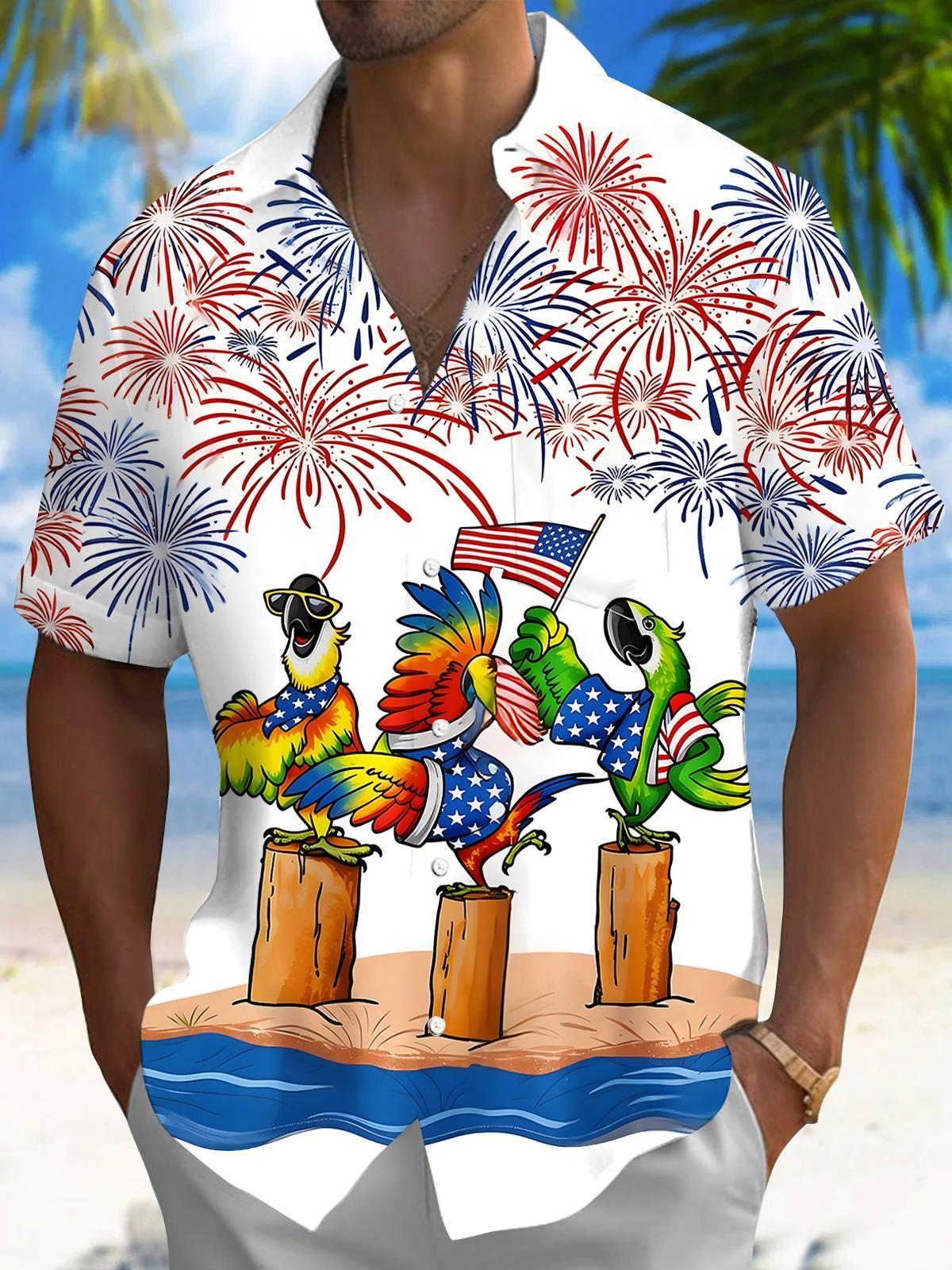 Independence Parrot Firework Men's Pocket Short Sleeve Shirts