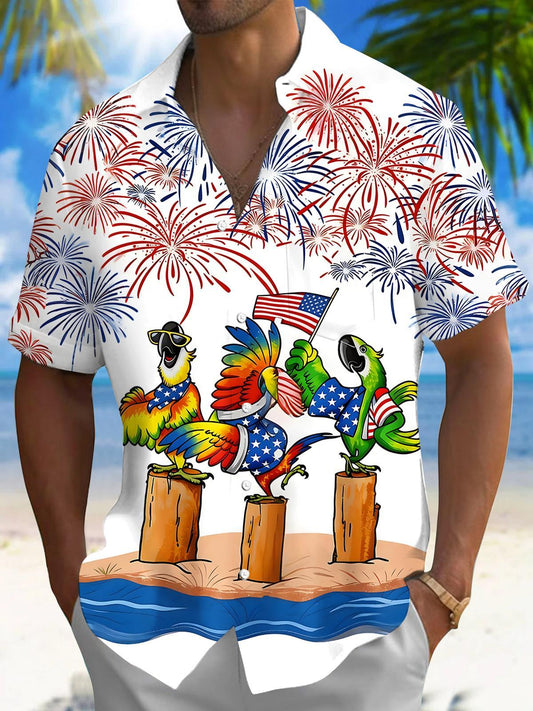 Independence Parrot Firework Men's Pocket Short Sleeve Shirts