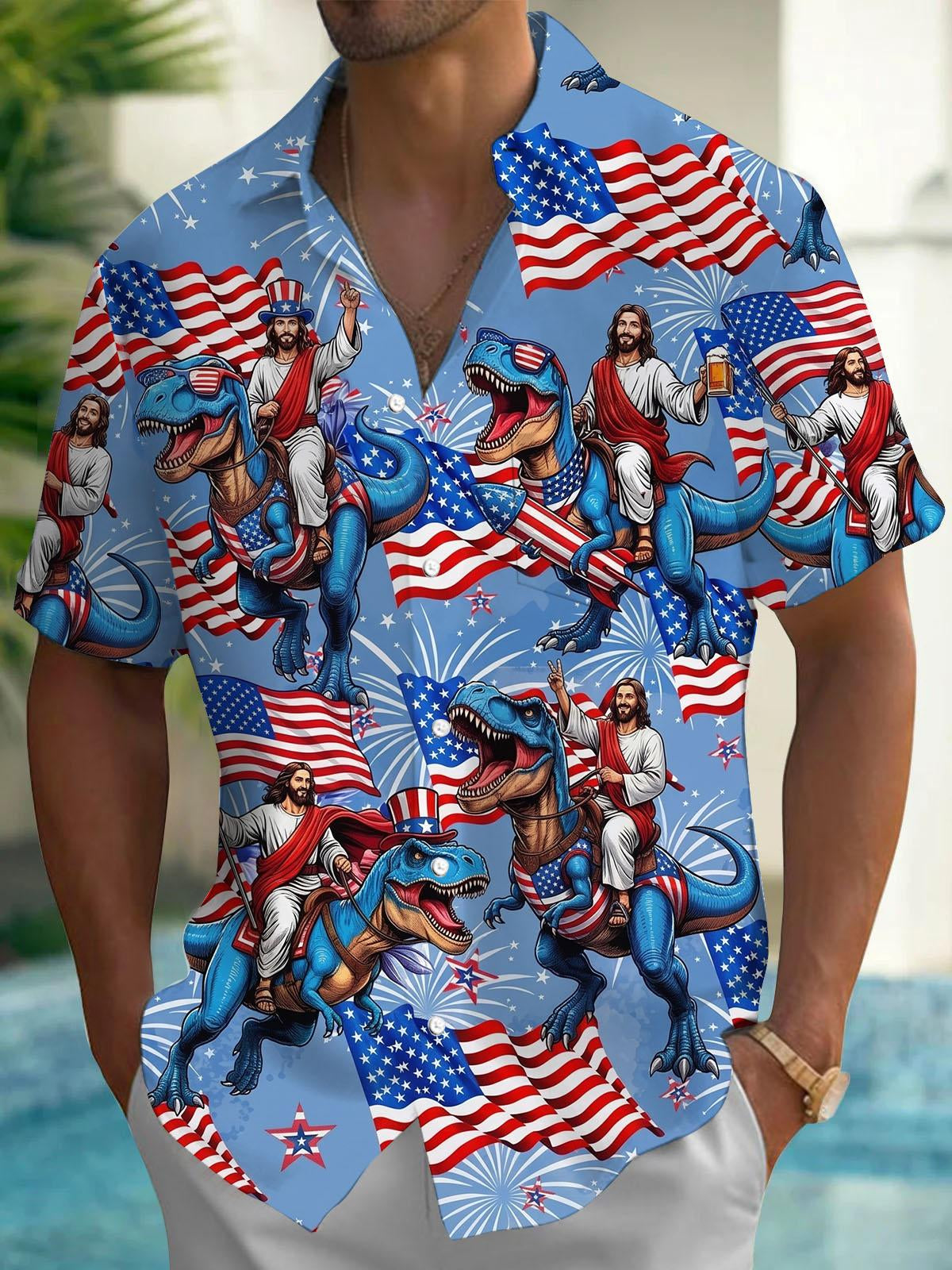 Independence Day American Flag Jesus Dinosaur Print Men's Pocket Short Sleeve Shirts