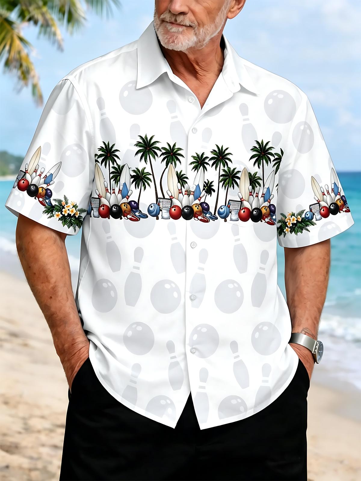 Bowling Palm Tree Print Men's Pocket Short Sleeve Shirts