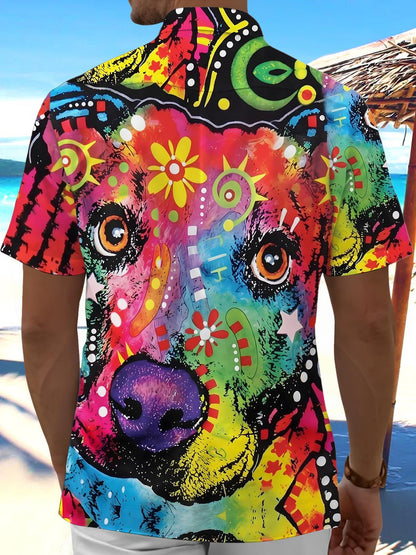 Hawaiian Colorful Pop Art Dog Portrait Men's Pocket Short Sleeve Shirts