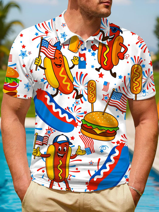 American Flag Hot Dog Hamburger Funny Print Men's Short Sleeve Button Polo Shirt