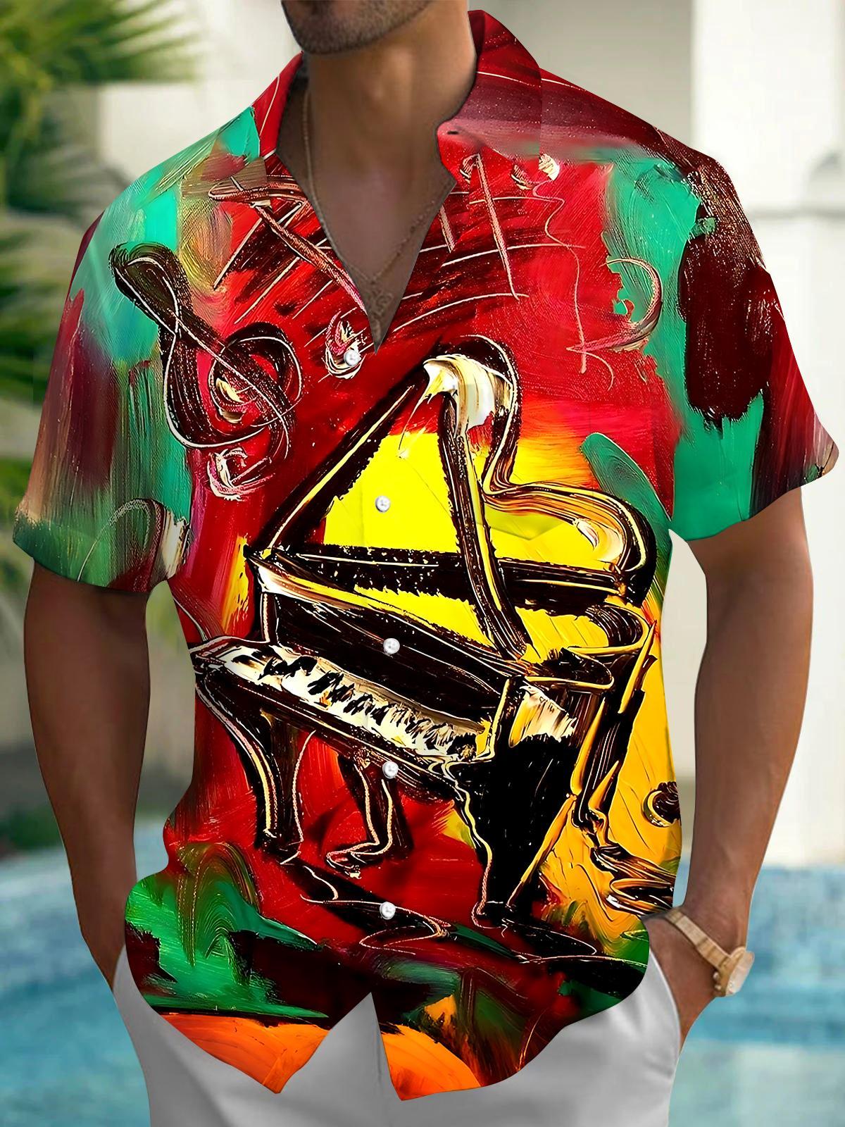 Art Oil Painting Piano Men's Pocket Short Sleeve Shirts