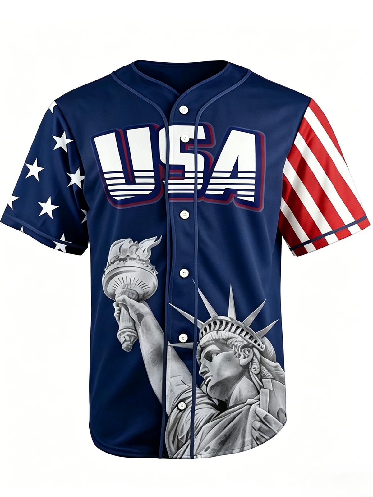 USA Statue Of Liberty Independence Day Men's Short Sleeve Baseball Jersey