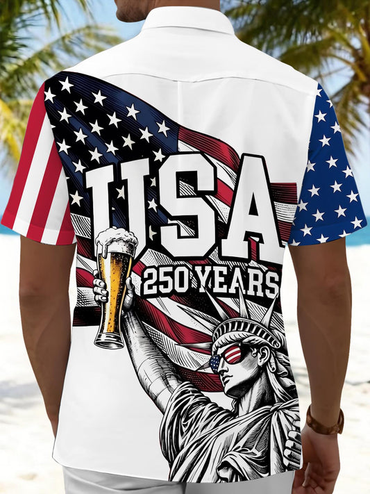 250th Anniversary American Flag Statue of Liberty Print Men's Pocket Short Sleeve Shirts