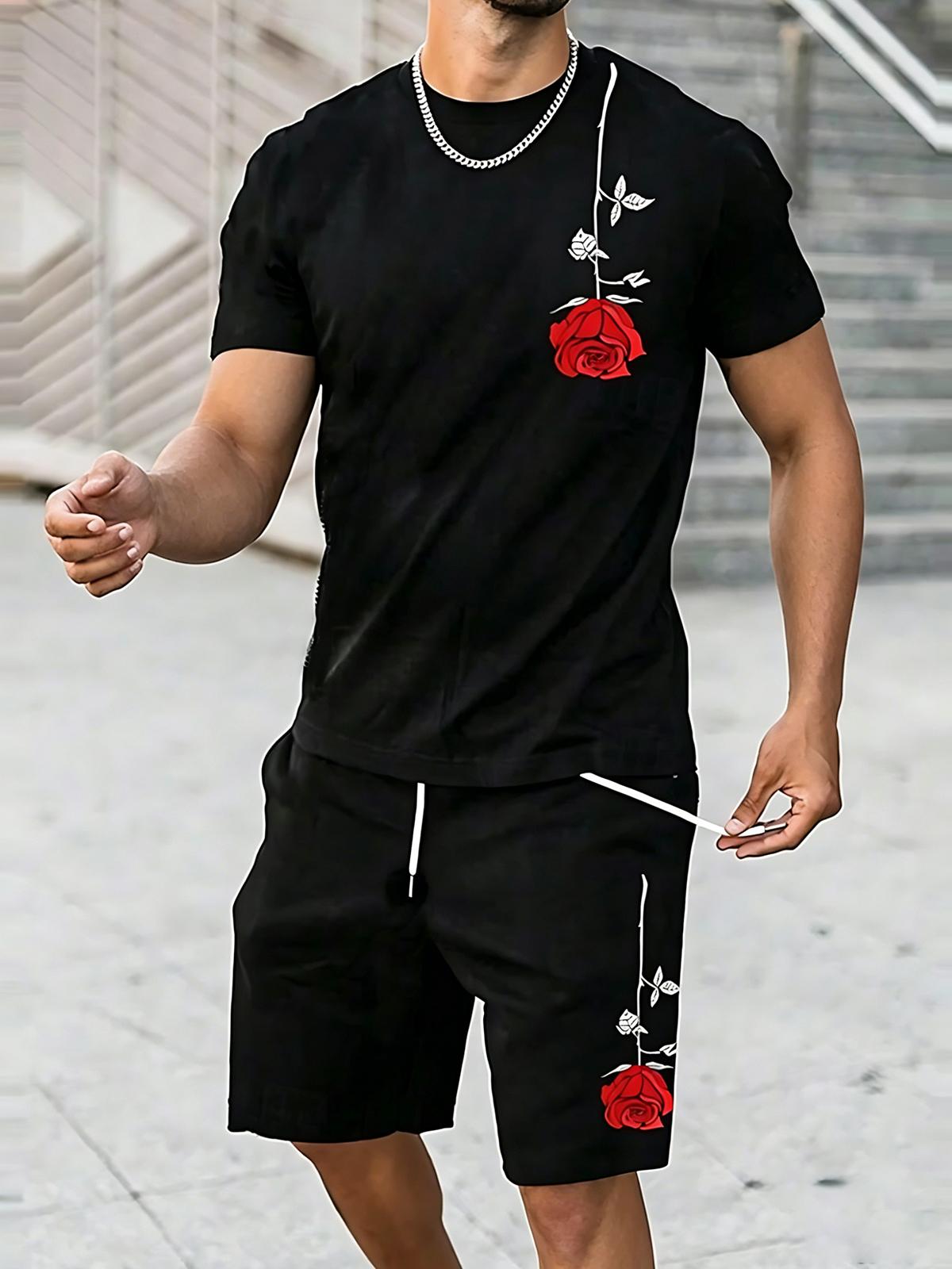 Rose Flower Print Men's Short Sleeve Round Neck T-shirt And Shorts Set