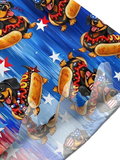 Independence Day American Flag Dachshund Hot Dog Print Men's Pocket Short Sleeve Shirts