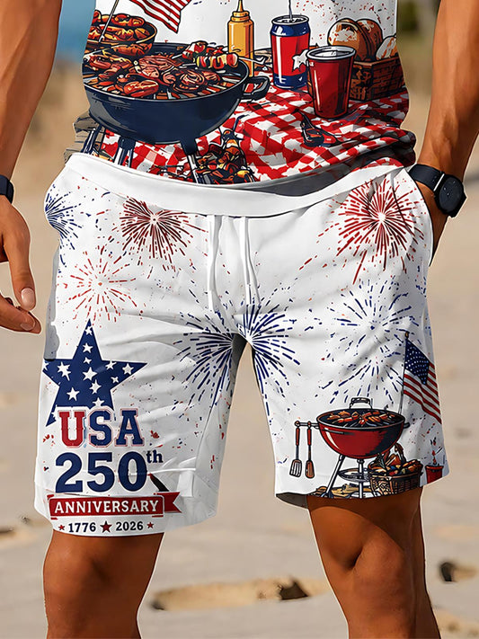 Independence Day USA 250th Anniversary BBQ Party Men's Print Pocket Shorts