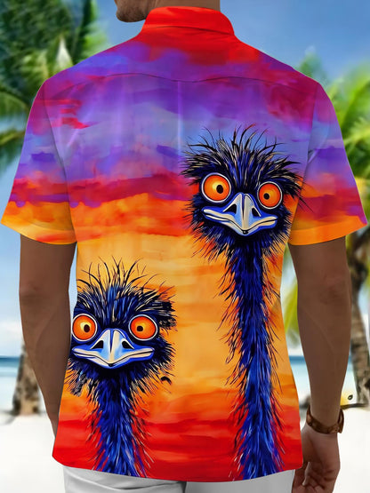 Sunset Emu Ostrich Art Men's Pocket Short Sleeve Shirts