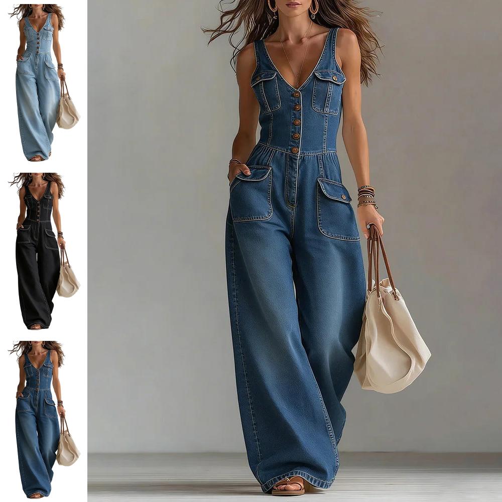 Denim Jumpsuits for Women V Neck Mid Waist Denim Sleeveless Wide Leg Jumpsuit with Pocket for Daily Wear unusual