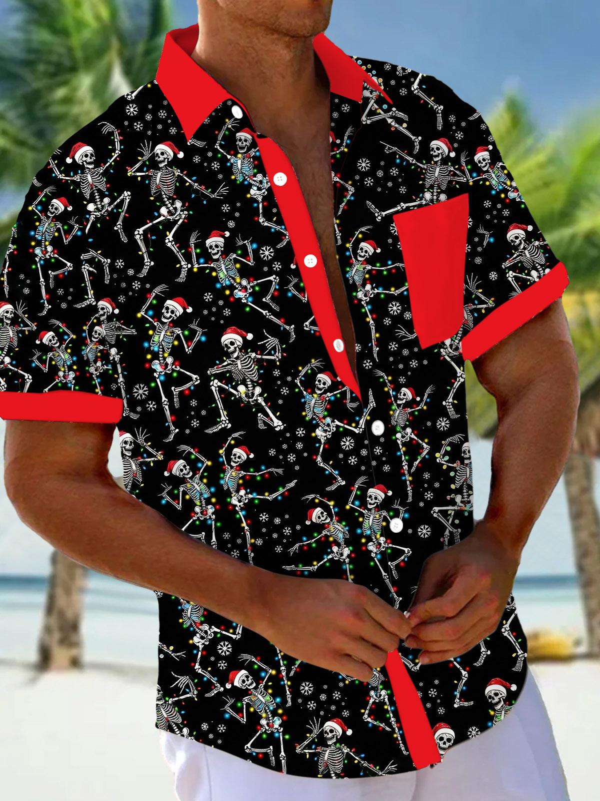 Christmas Skull Print Men's Pocket Short Sleeve Shirts