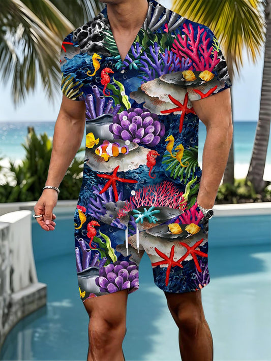 Marine Print Men's Short Sleeve Cuban Collar Pocket Shirts And Shorts Set