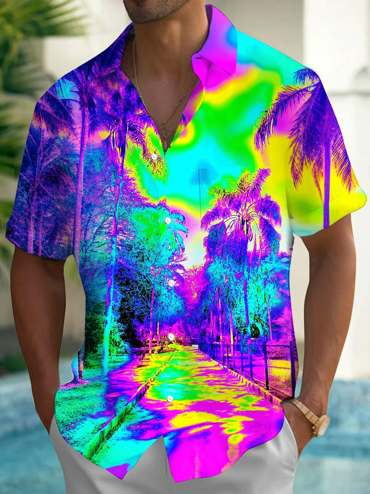Psychedelic Colorful Palm Tree Print Men's Pocket Short Sleeve Shirts