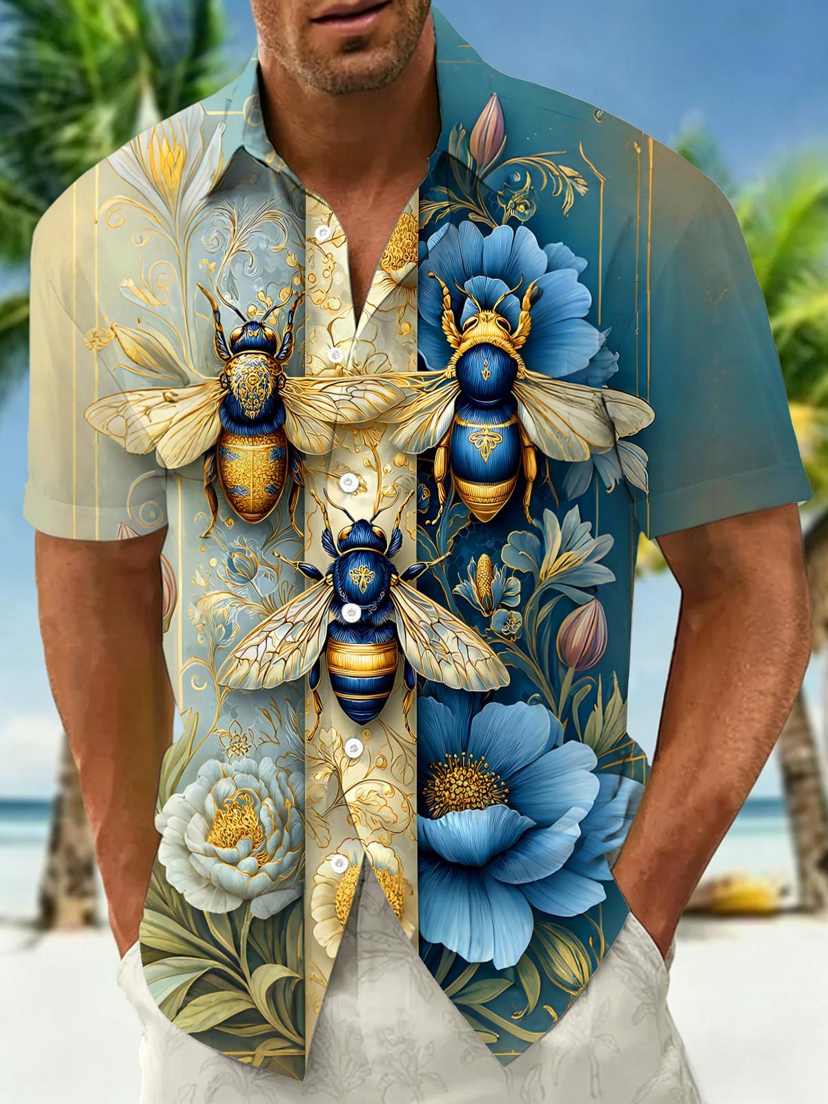Retro Art Gilded Bee Blue & Golden Flower Men's Pocket Short Sleeve Shirts