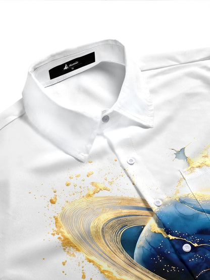 Blue Saturn Gold Foil Art Men's Pocket Short Sleeve Shirts
