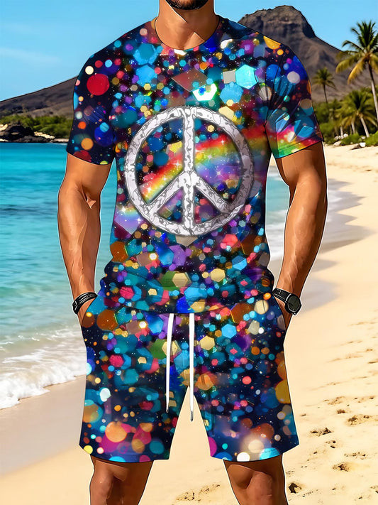 Hippie Peace Logo Print Men's Short Sleeve Round Neck T-shirt And Shorts Set