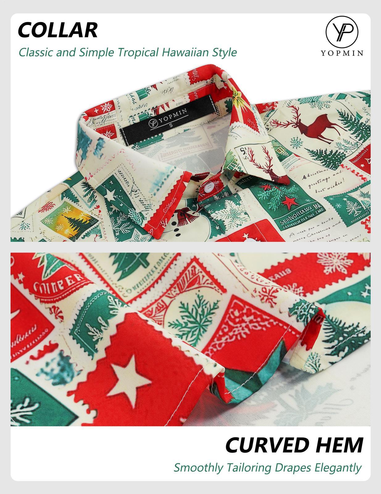 Men Christmas Shirt Button Down Vintage Stamp Christmas Print Lapel Collar Button Down Shirts for Beach Vacation Travel responsible