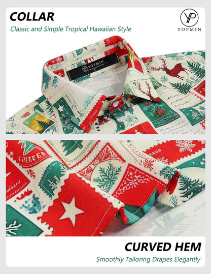 Men Christmas Shirt Button Down Vintage Stamp Christmas Print Lapel Collar Button Down Shirts for Beach Vacation Travel responsible