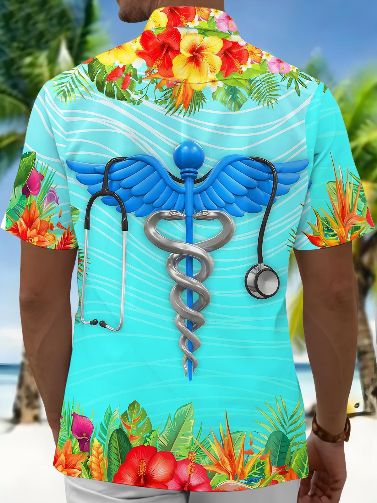 Hawaiian Flower Medical Stethoscope Men's Pocket Short Sleeve Shirts