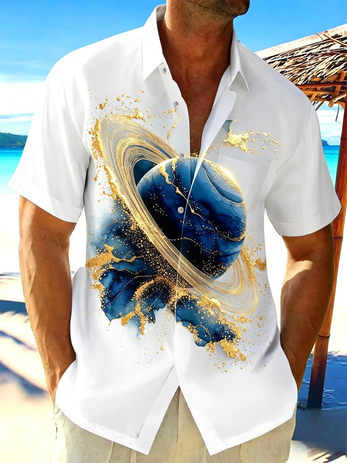 Blue Saturn Gold Foil Art Men's Pocket Short Sleeve Shirts