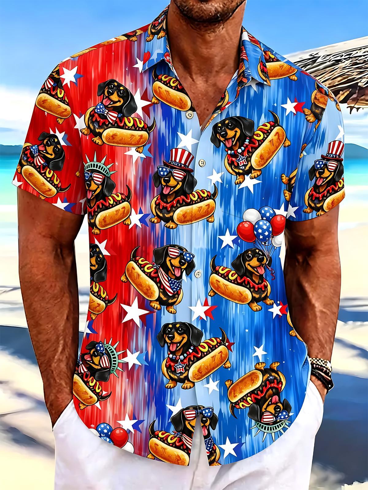 Independence Day American Flag Dachshund Hot Dog Print Men's Pocket Short Sleeve Shirts