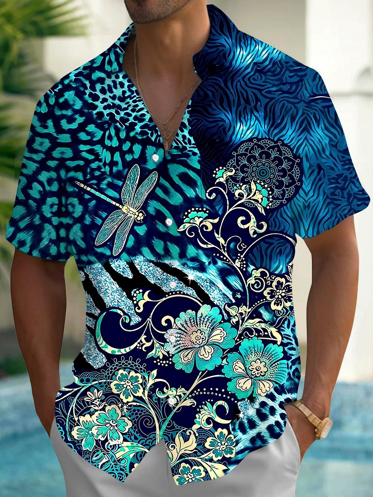 Dragonfly Leopard Floral Men's Pocket Short Sleeve Shirts