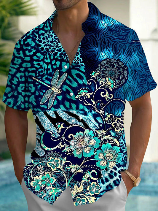 Dragonfly Leopard Floral Men's Pocket Short Sleeve Shirts