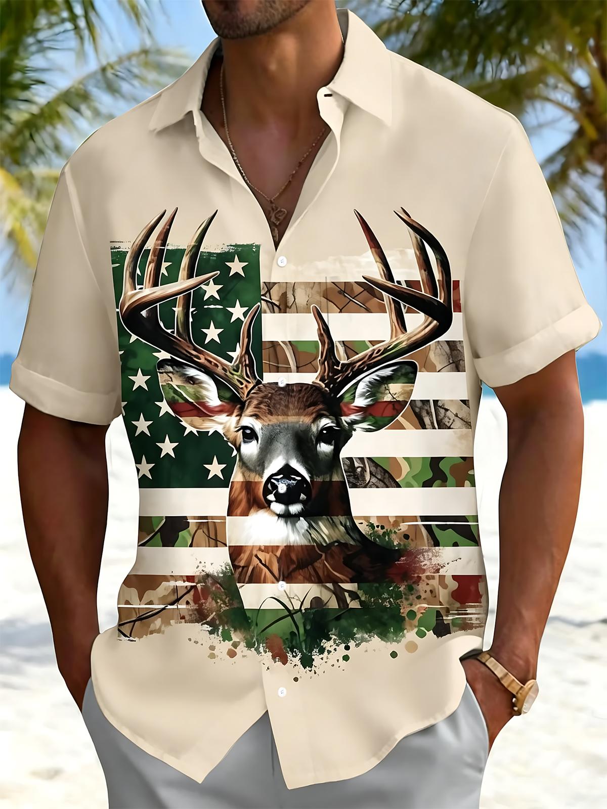 American Flag Deer Print Men's Pocket Short Sleeve Shirts