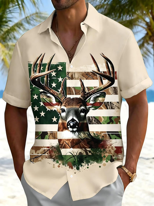 American Flag Deer Print Men's Pocket Short Sleeve Shirts