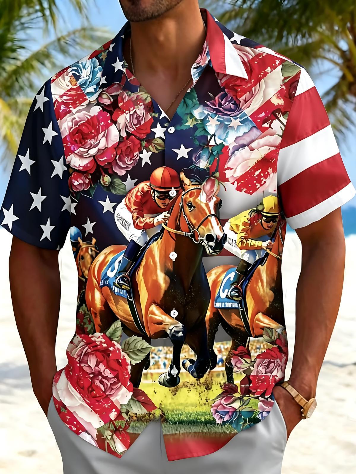 American Flag Racing Horse Print Men's Pocket Short Sleeve Shirts