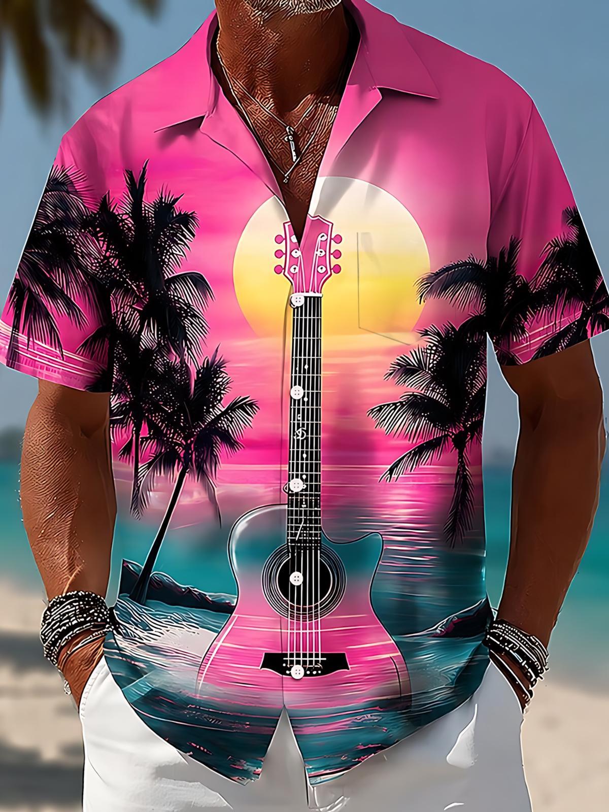 Hawaiian Guitar Palm Tree Sunset Print Men's Pocket Short Sleeve Shirts