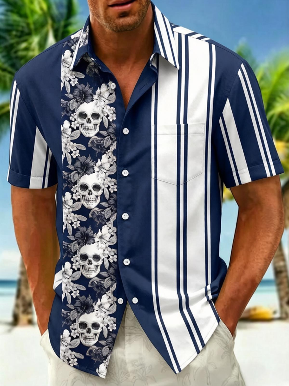 Skull Floral & Navy Stripe Patchwork Men's Pocket Short Sleeve Shirts