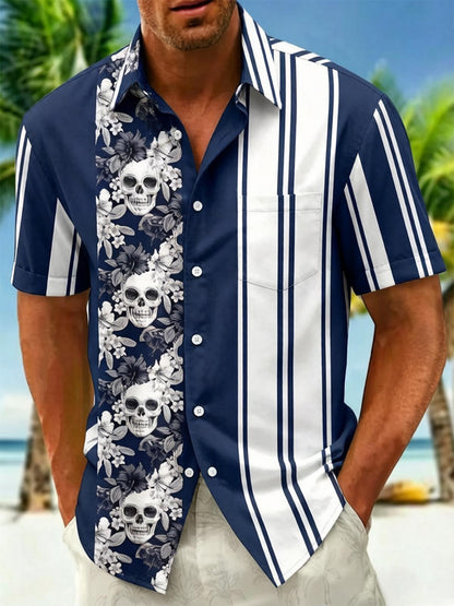 Skull Floral & Navy Stripe Patchwork Men's Pocket Short Sleeve Shirts