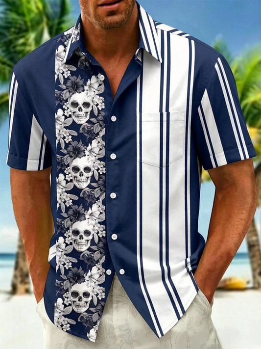 Skull Floral & Navy Stripe Patchwork Men's Pocket Short Sleeve Shirts