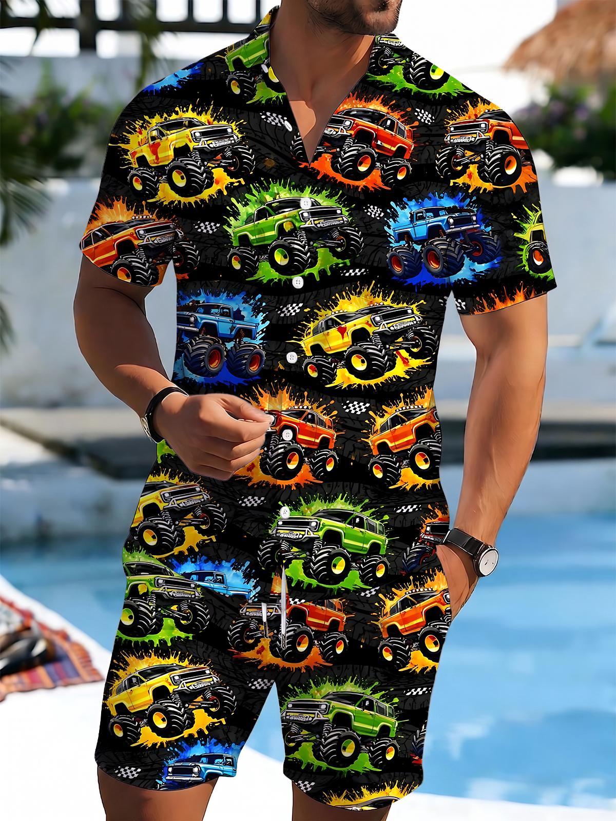 Car Men's Short Sleeve Pocket Shirts And Shorts Set
