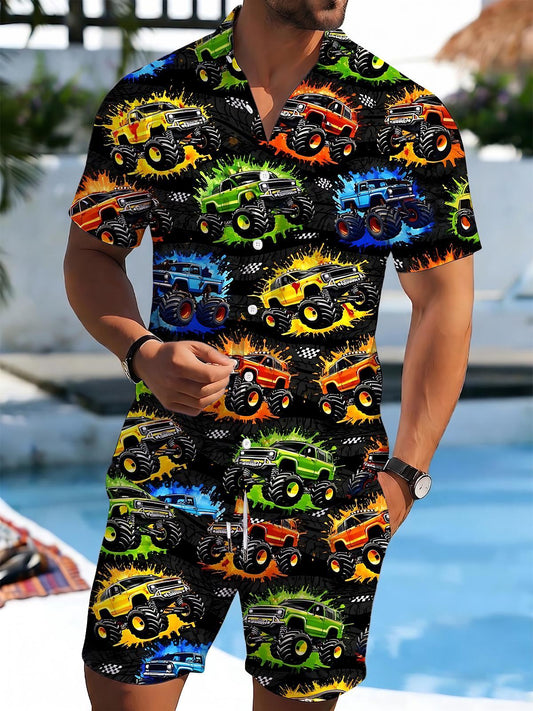 Car Men's Short Sleeve Pocket Shirts And Shorts Set