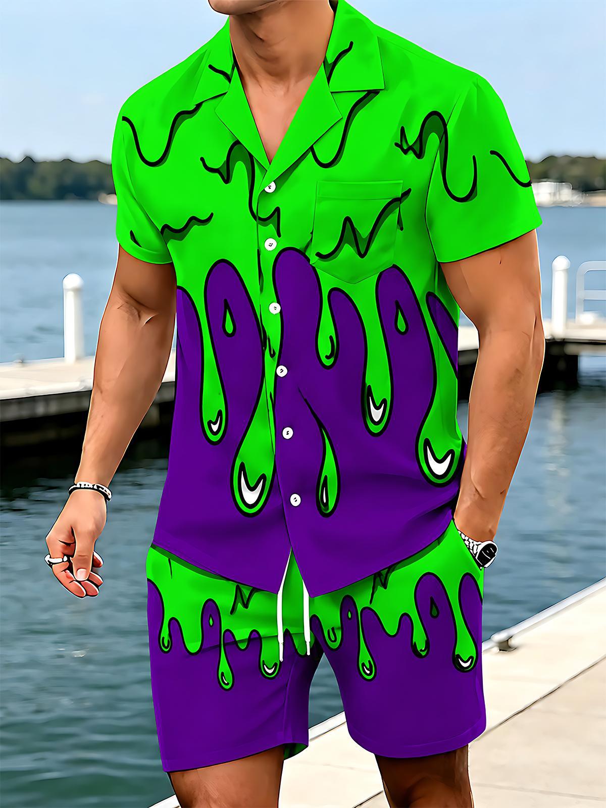 Abstract Green Purple Slime Drip Men's Short Sleeve Cuban Collar Pocket Shirts And Shorts Set