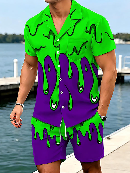 Abstract Green Purple Slime Drip Men's Short Sleeve Cuban Collar Pocket Shirts And Shorts Set