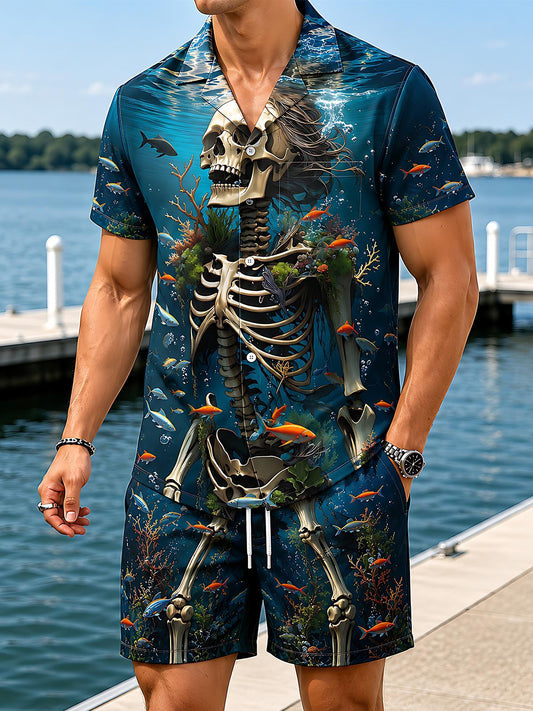 Underwater Skeleton Diving Hawaiian Men's Short Sleeve Cuban Collar Pocket Shirts And Shorts Set